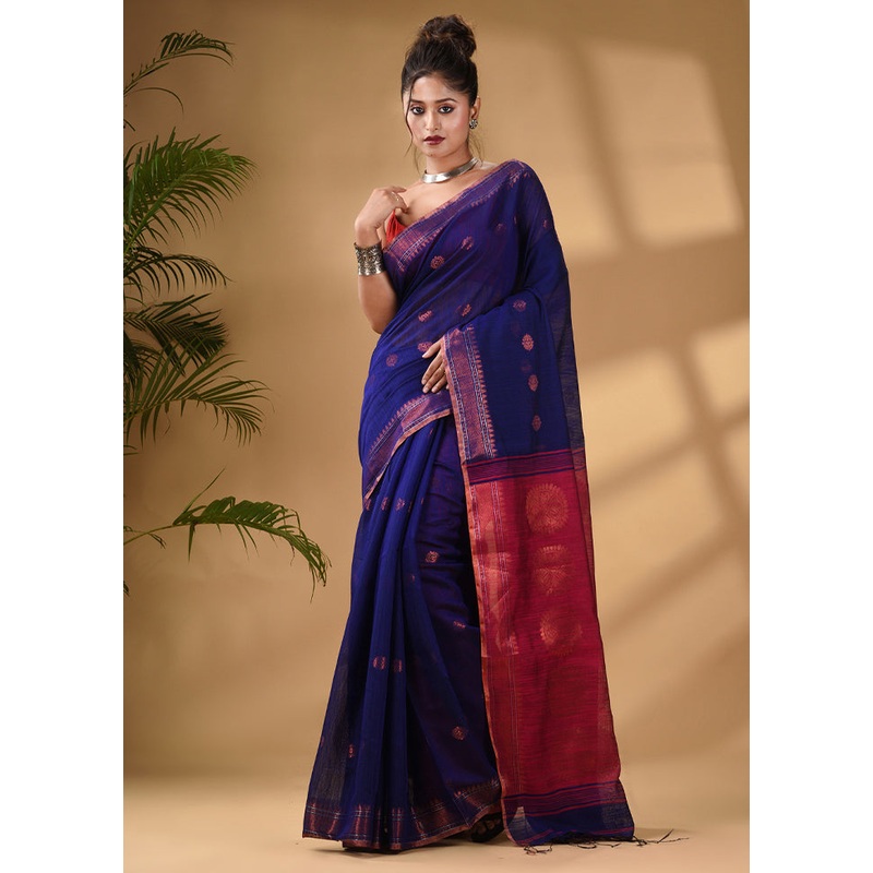 Blue Cotton Saree With Blouse Piece - JD986589264