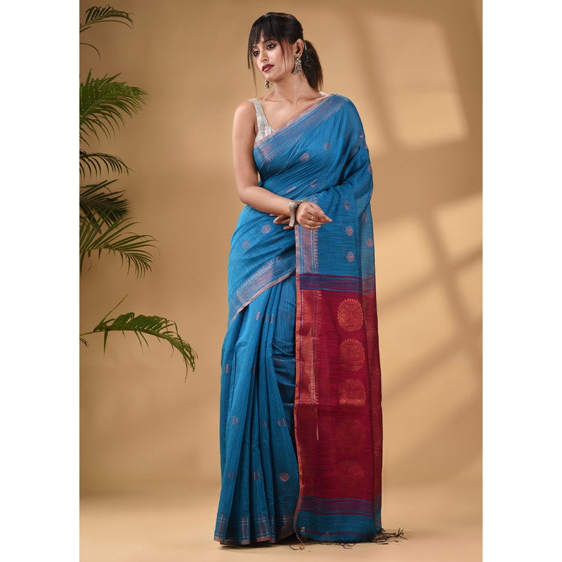 Blue Cotton Saree With Blouse Piece - JD986589265