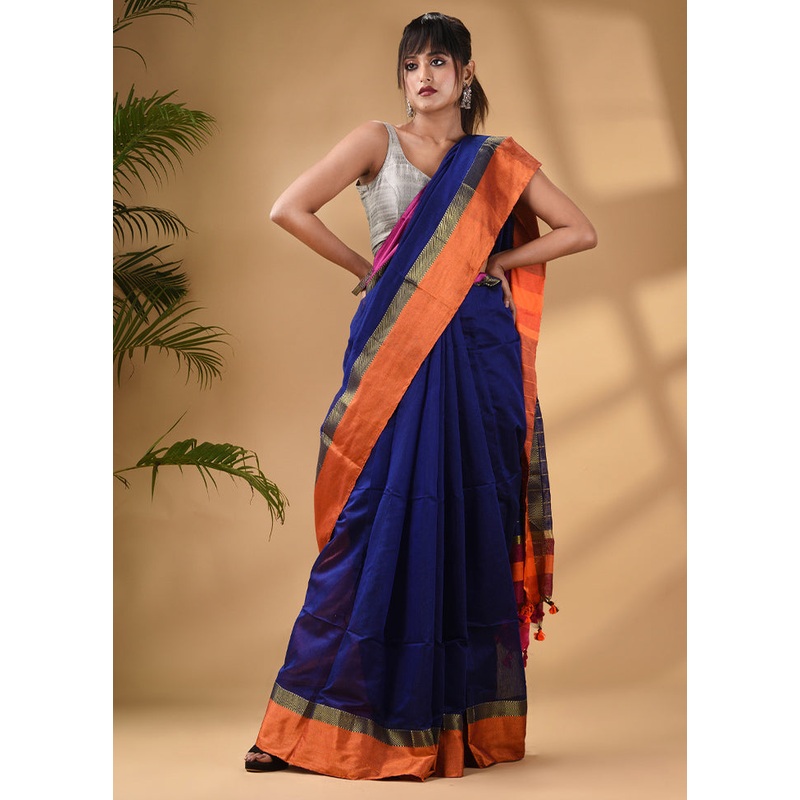 Blue Cotton Saree With Blouse Piece - JD986589266
