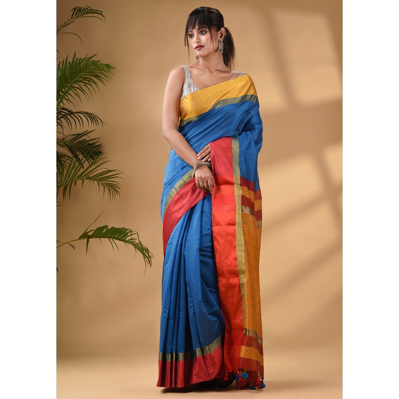 Blue Cotton Saree With Blouse Piece - JD986589267
