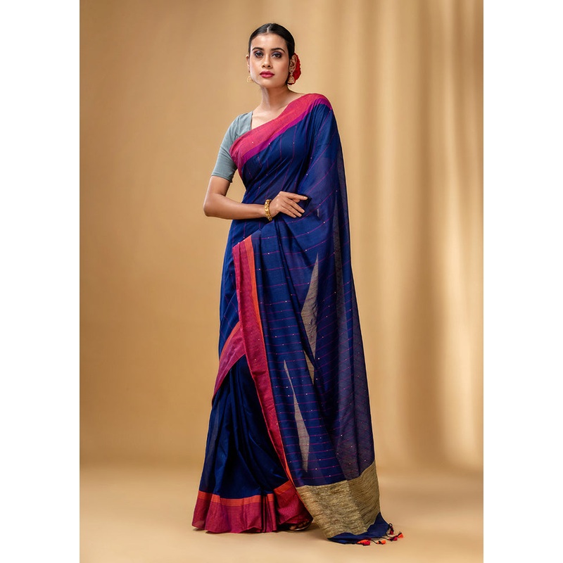 Blue Cotton Saree With Blouse Piece - JD986589268
