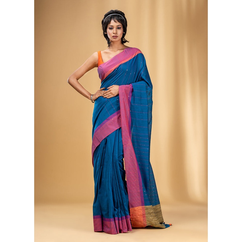 Blue Cotton Saree With Blouse Piece - JD986589269