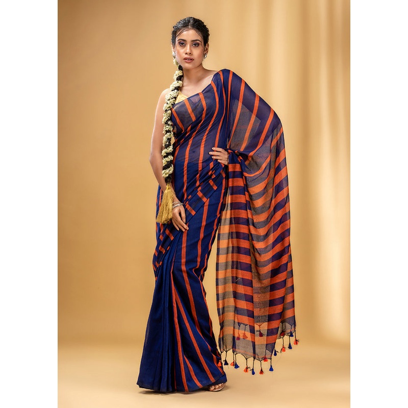 Blue Cotton Saree With Blouse Piece - JD986589270