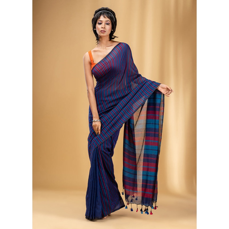 Blue Cotton Saree With Blouse Piece - JD986589271
