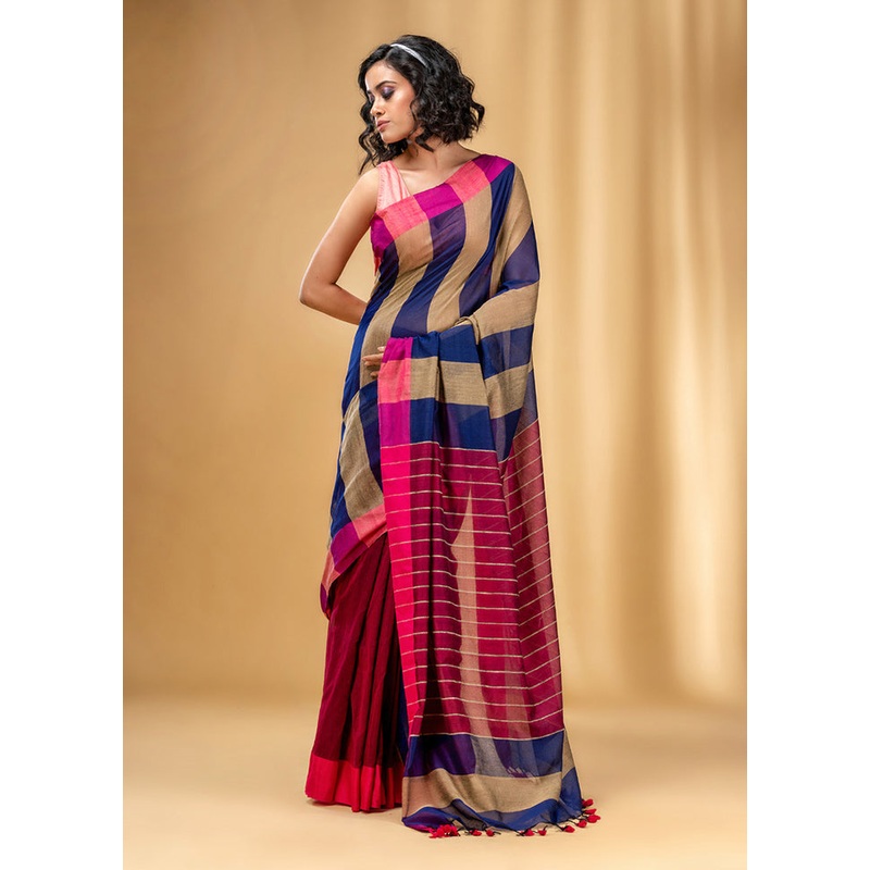 Blue Cotton Saree With Blouse Piece - JD986589272