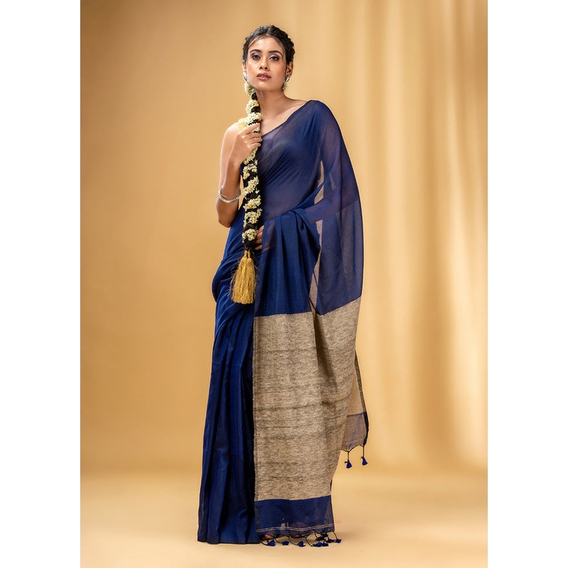Blue Cotton Saree With Blouse Piece - JD986589273
