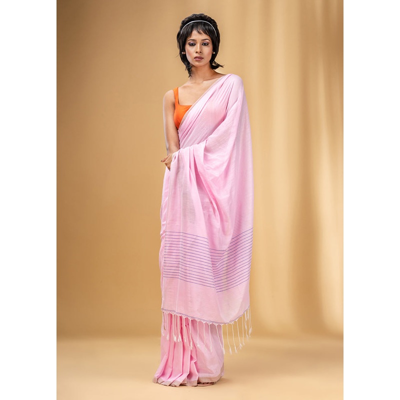 Baby Pink Cotton Saree With Blouse Piece - JD986589042