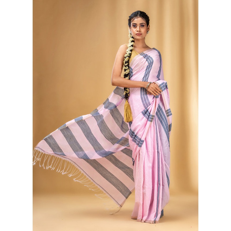 Baby Pink Cotton Saree With Blouse Piece - JD986589043