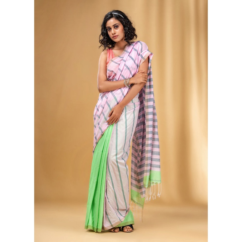 Baby Pink Cotton Saree With Blouse Piece - JD986589044