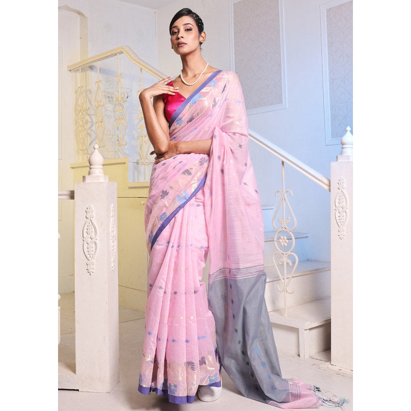 Baby Pink Cotton Saree With Blouse Piece - JD986589046