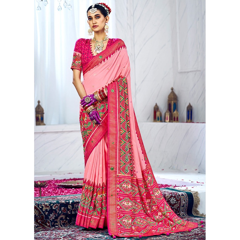 Baby Pink Cotton Saree With Blouse Piece - JD986589047
