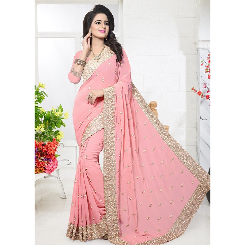 Baby Pink Georgette Saree With Blouse Piece - JD986589049
