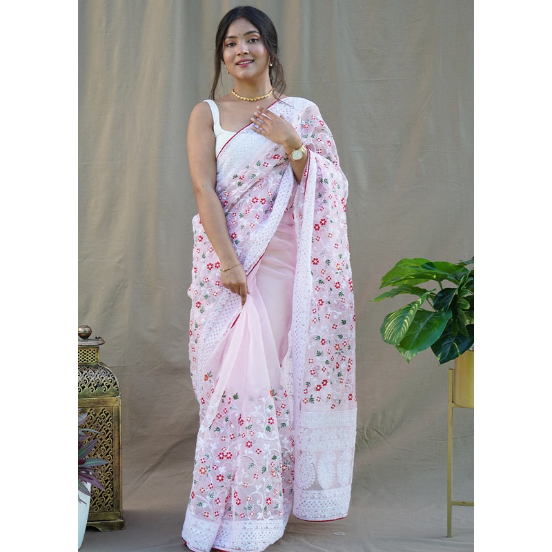 Baby Pink Organza Saree With Blouse Piece - JD986589050