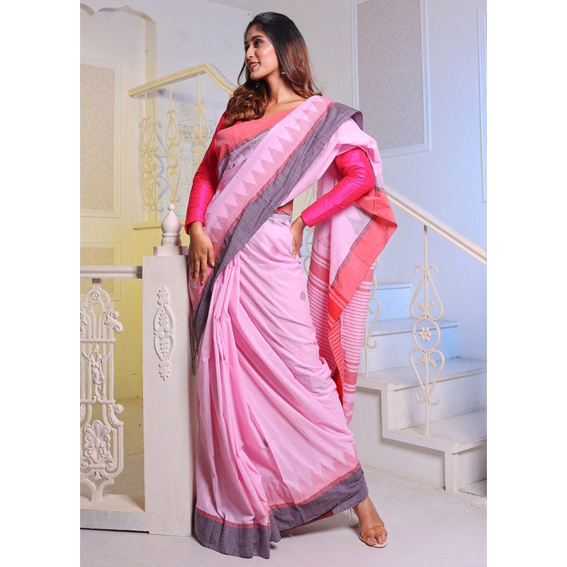 Baby Pink Pure Cotton Saree With Blouse Piece - JD986589051