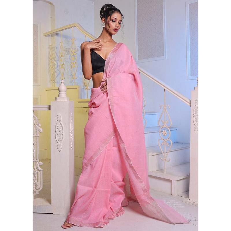 Baby Pink Pure Linen Saree With Blouse Piece - JD986589052