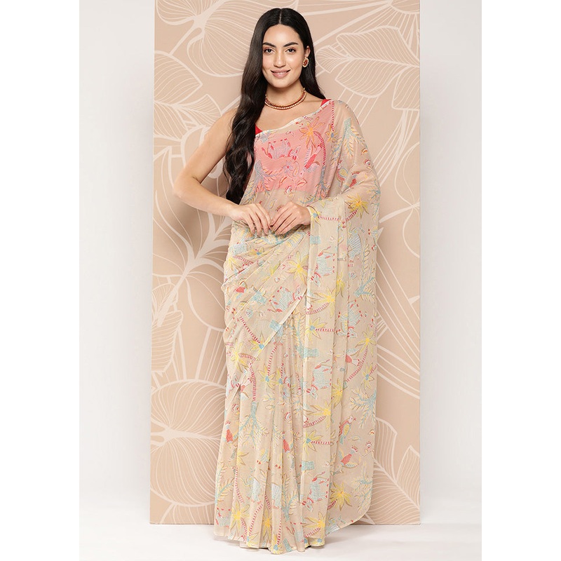 Beige Chiffon Silk Saree With Blouse Piece - JD986589055