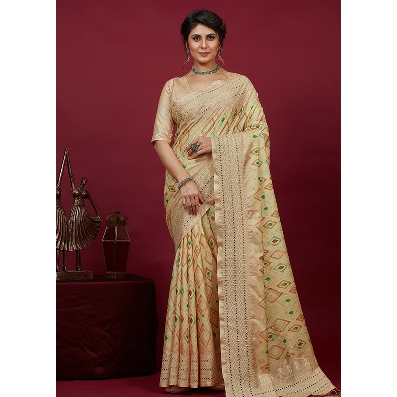Beige Cotton Saree With Blouse Piece - JD986589056