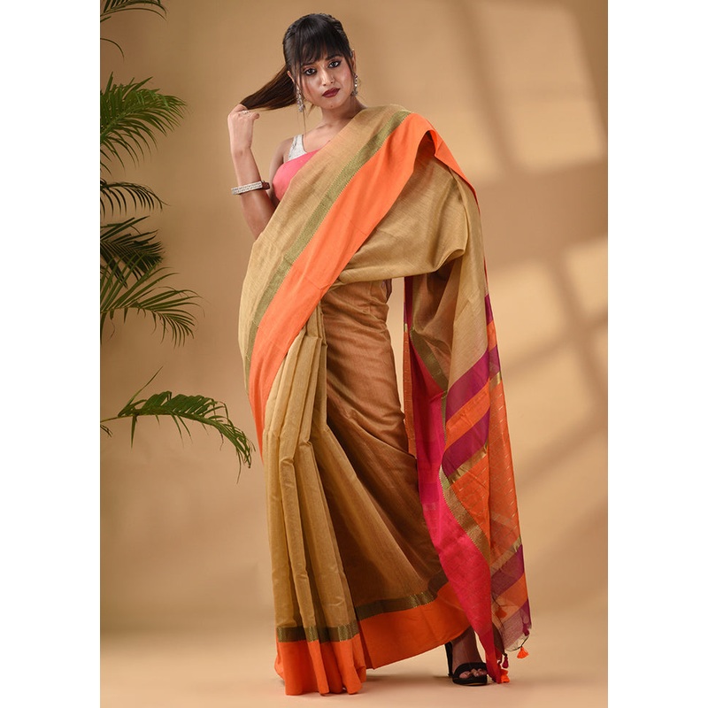 Beige Cotton Saree With Blouse Piece - JD986589057