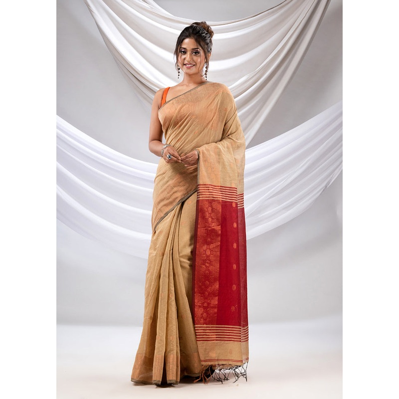 Beige Cotton Saree With Blouse Piece - JD986589060