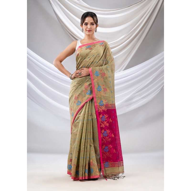 Beige Cotton Saree With Blouse Piece - JD986589061