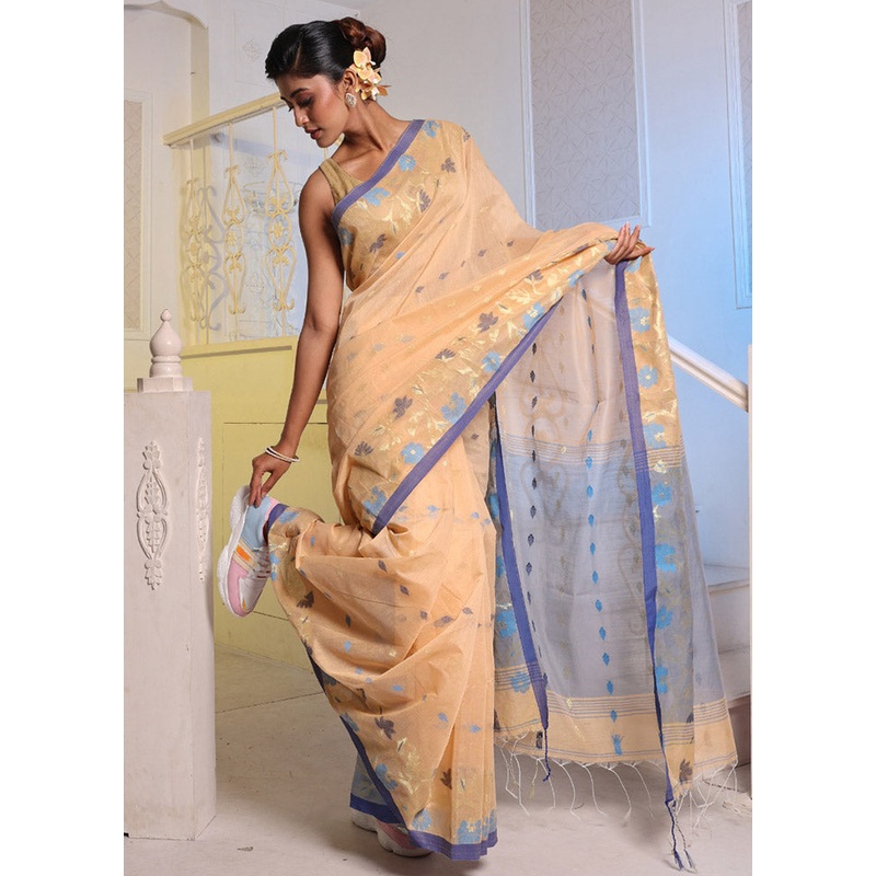 Beige Cotton Saree With Blouse Piece - JD986589062