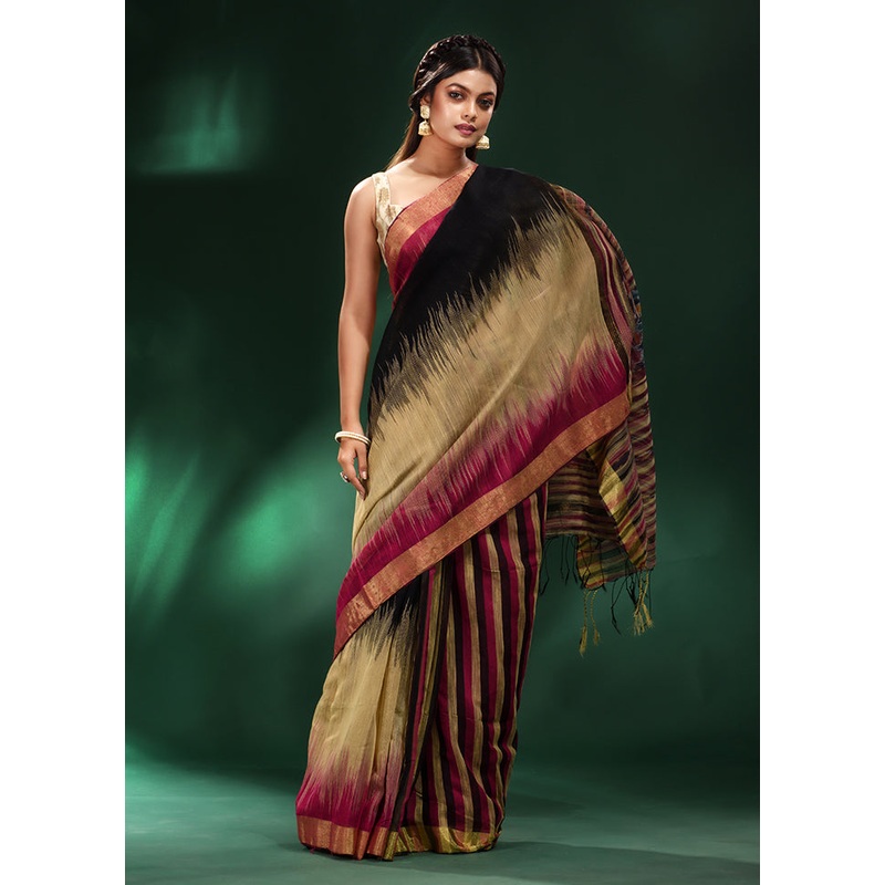 Beige Cotton Saree With Blouse Piece - JD986589063