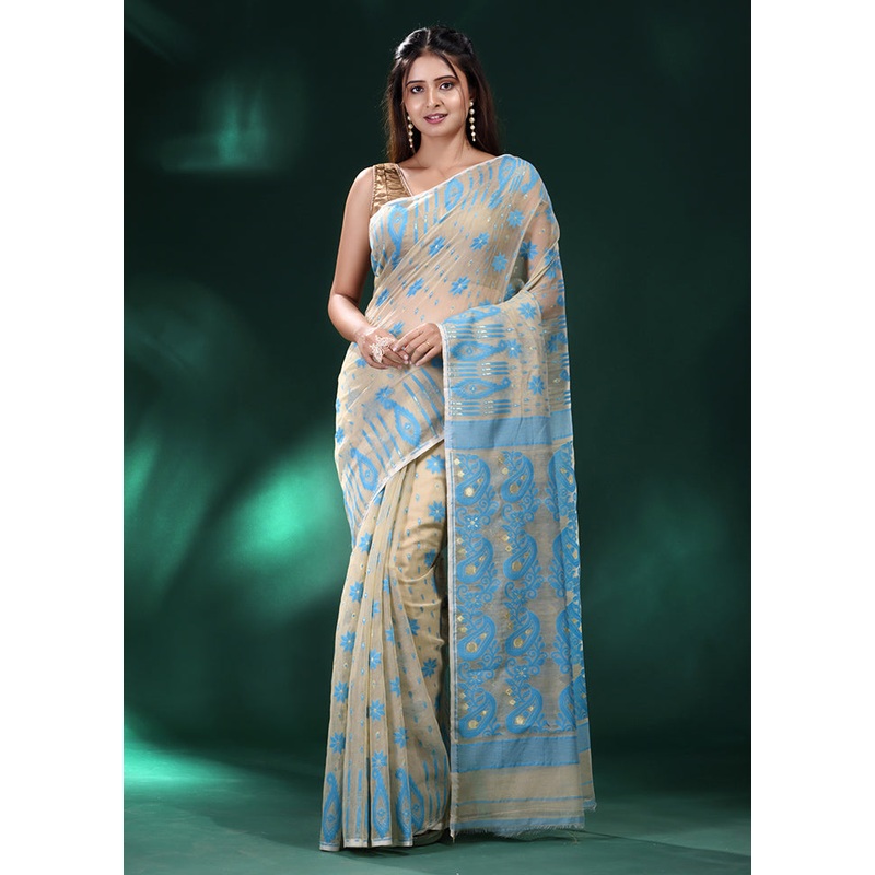 Beige Cotton Saree With Blouse Piece - JD986589065