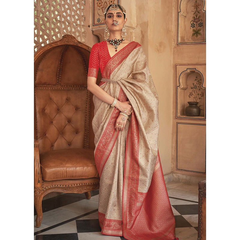 Beige Dupion Silk Saree With Blouse Piece - JD986589066