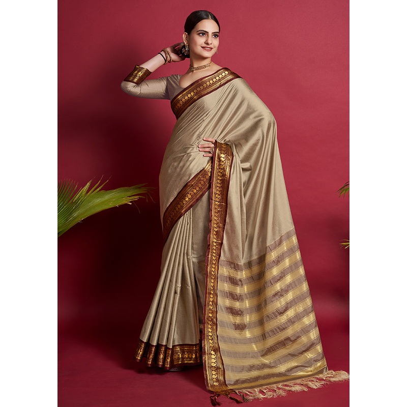 Beige Dupion Silk Saree With Blouse Piece - JD986589068