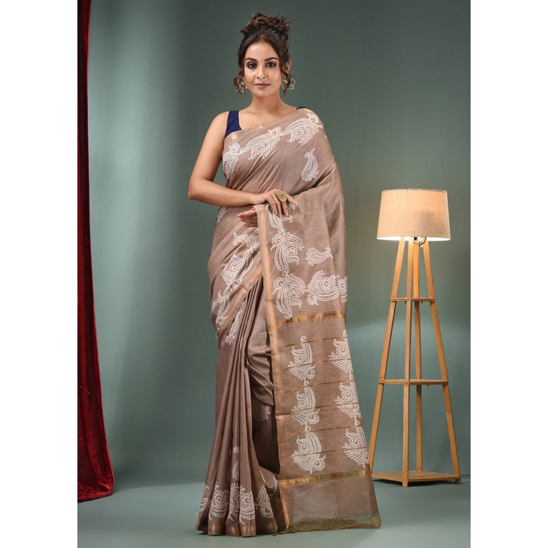 Beige Dupion Silk Saree With Blouse Piece - JD986589070