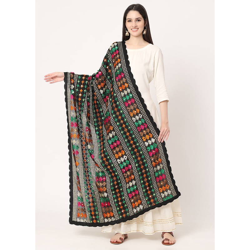 Black Chiffon Phulkari Embroidered Work Dupatta - JD986589038
