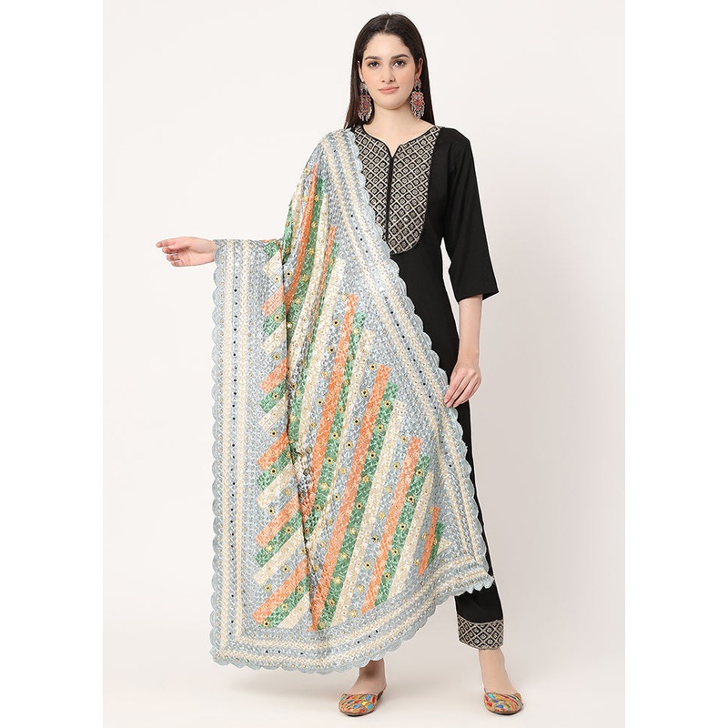 Grey Chiffon Phulkari Embroidered Work Dupatta - JD986588875