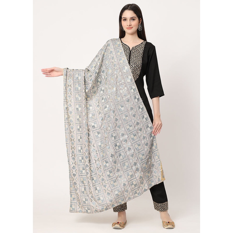 Grey Chiffon Phulkari Embroidered Work Dupatta - JD986588876