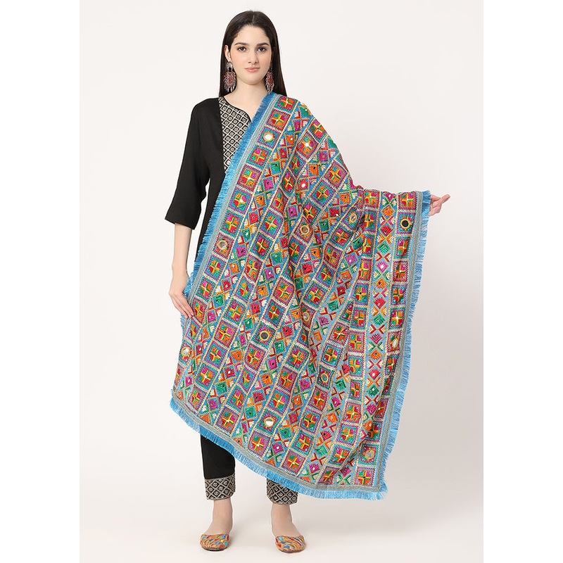 Light Blue Chiffon Phulkari Embroidered Work Dupatta - JD986588883