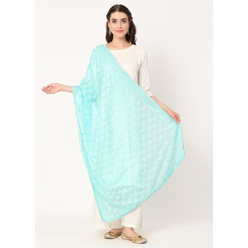 Light Green Chiffon Phulkari Embroidered Work Dupatta - JD986588884