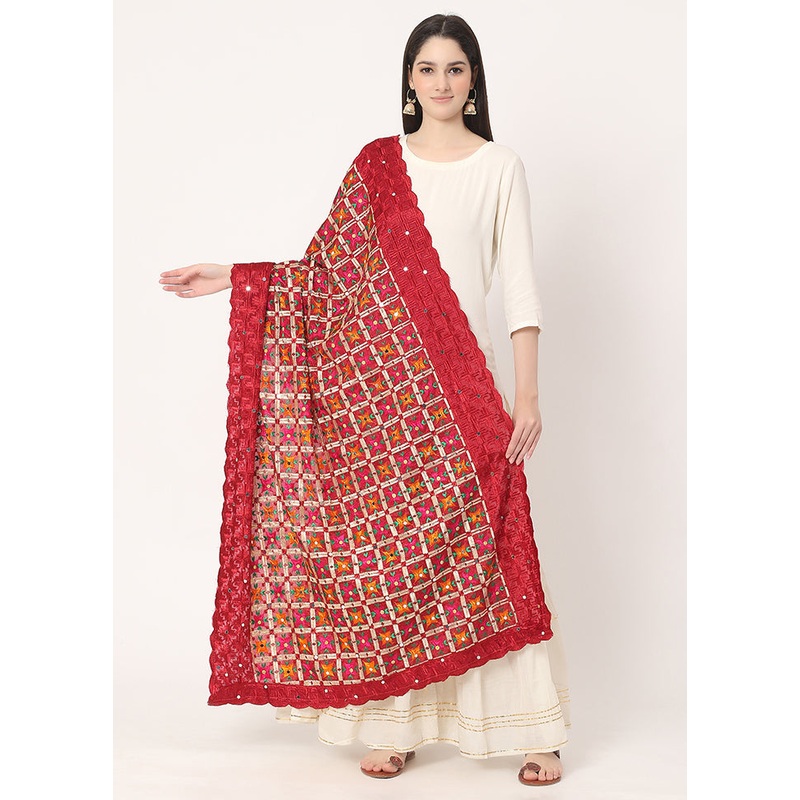 Maroon Chiffon Phulkari Embroidered Work Dupatta - JD986588887