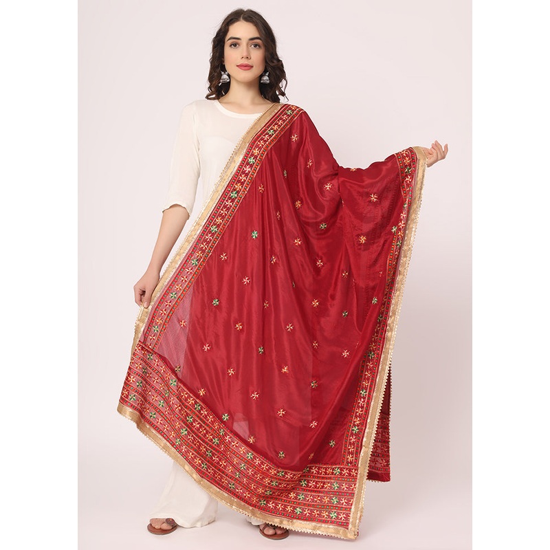 Maroon Chiffon Phulkari Embroidered Work Dupatta - JD986588888