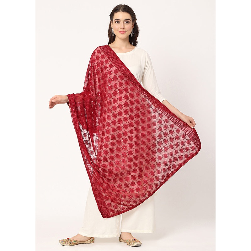 Maroon Chiffon Phulkari Embroidered Work Dupatta - JD986588891