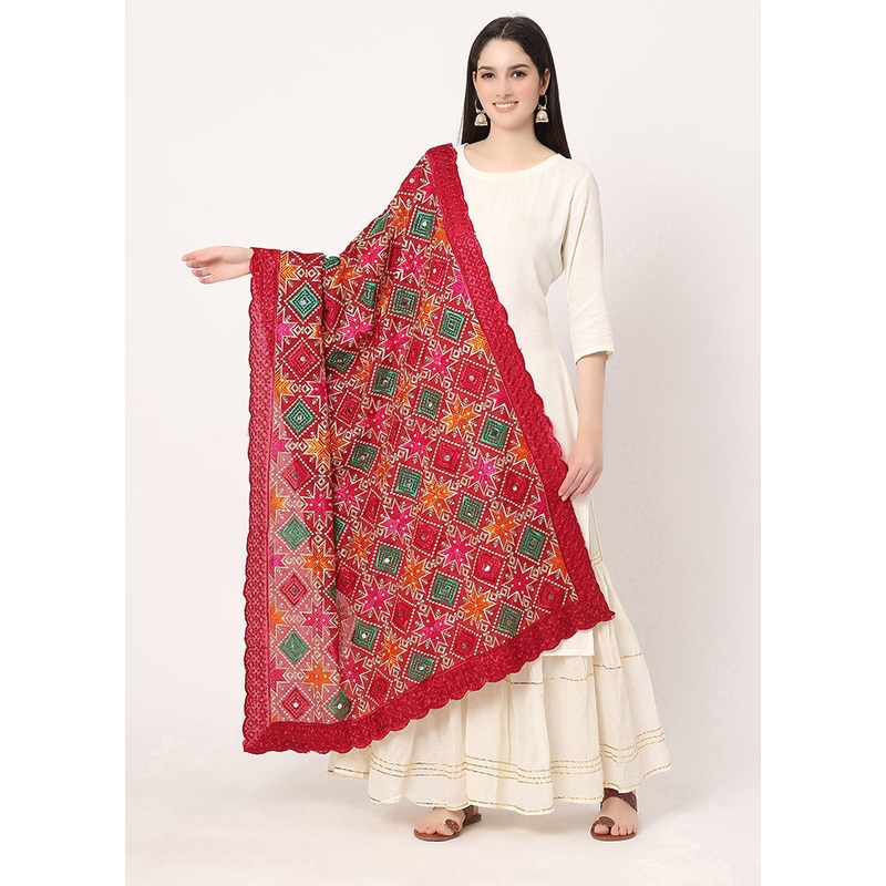 Maroon Chiffon Phulkari Embroidered Work Dupatta - JD986588892