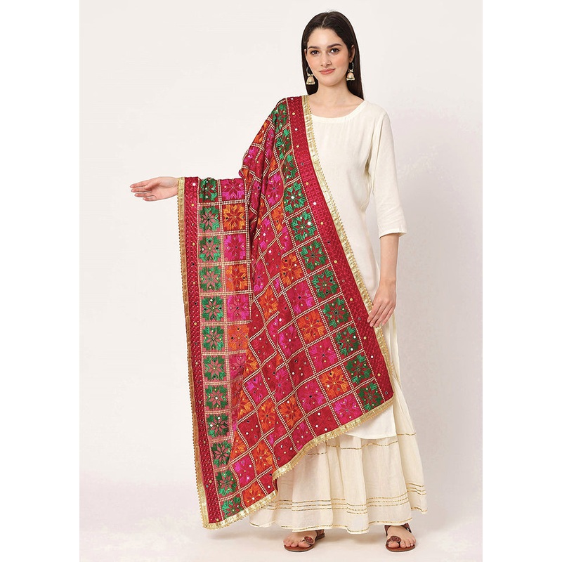 Maroon Chiffon Phulkari Embroidered Work Dupatta - JD986588893