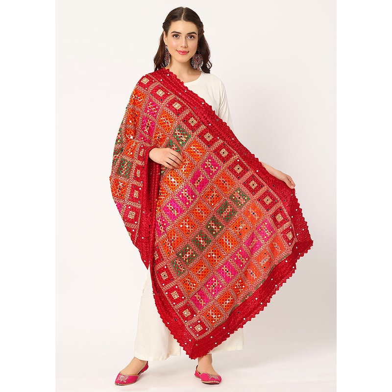 Maroon Chiffon Phulkari Embroidered Work Dupatta - JD986589039