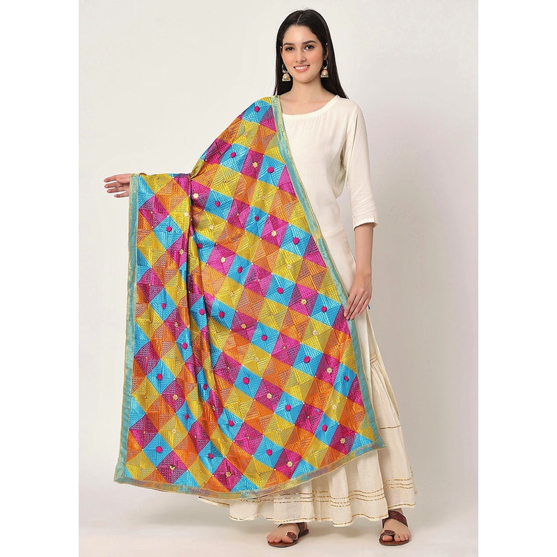 Multicolor Chiffon Phulkari Embroidered Work Dupatta - JD986588907