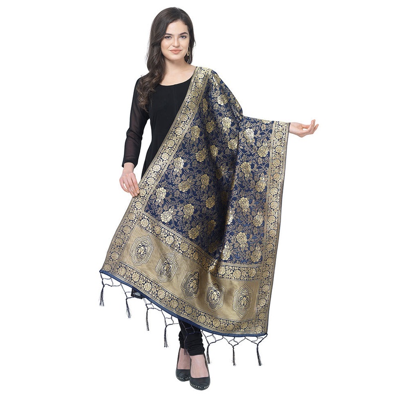 Navy Blue Jacquard Dupatta - JD986588917