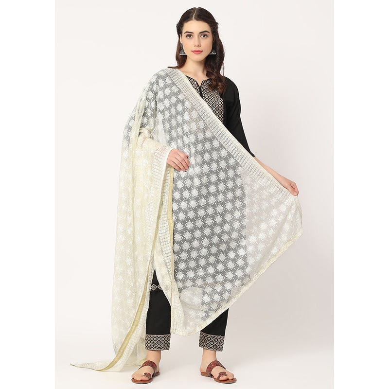 Off White Chiffon Phulkari Embroidered Work Dupatta - JD986588921