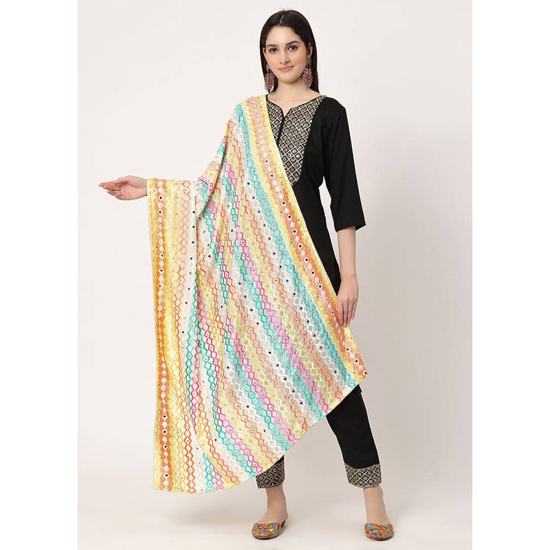 Off White Chiffon Phulkari Embroidered Work Dupatta - JD986588922