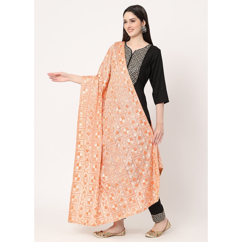 Off White Chiffon Phulkari Embroidered Work Dupatta - JD986588923
