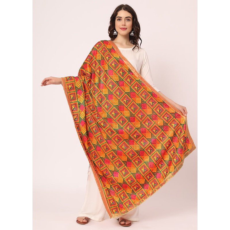 Orange Chiffon Phulkari Embroidered Work Dupatta - JD986588929