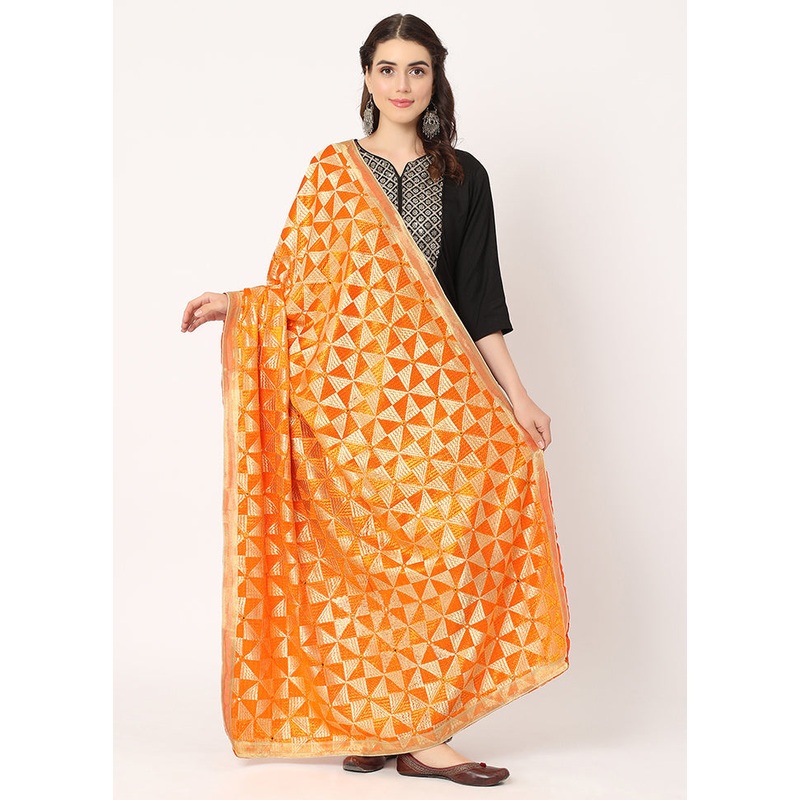 Orange Chiffon Phulkari Embroidered Work Dupatta - JD986588930