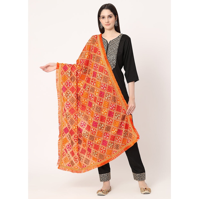 Orange Chiffon Phulkari Embroidered Work Dupatta - JD986588931
