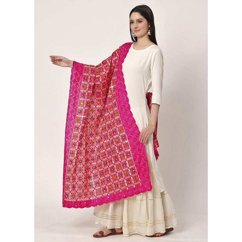 Pink Chiffon Phulkari Embroidered Work Dupatta - JD986588939